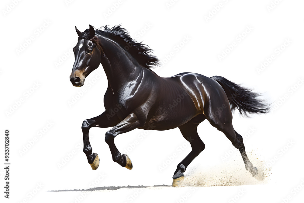 Obraz premium Beautiful black horse galloping isolated on white background