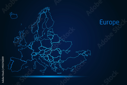 Abstract High Detailed Glow Blue Map on Dark Background of Map of Europe symbol for your web site design map logo, app, Travel. Vector illustration eps 10.	

