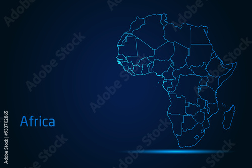 Abstract High Detailed Glow Blue Map on Dark Background of Map of Africa symbol for your web site design map logo, app, Travel. Vector illustration eps 10.	
