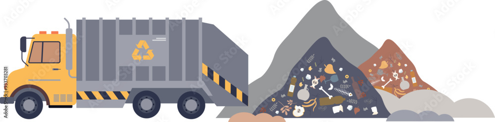 Fototapeta premium Garbage truck near piles of waste at a dumpsite, symbolizing waste management challenges.