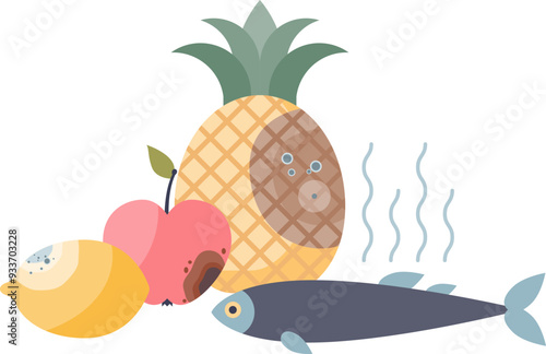Illustration of spoiled food items including a fish, pineapple, apple, and lemon with visible mold and stench lines.