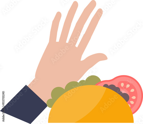 Hand gesture refusing a plate of food, symbolizing diet, choice, or allergy.