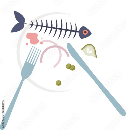 Illustration of a plate with fish skeleton, peas, and sauce leftovers, symbolizing a finished meal.