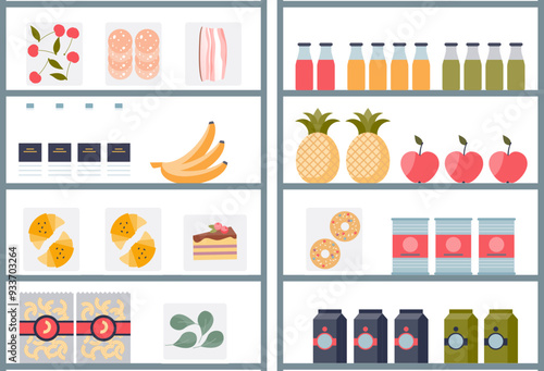 Fully stocked supermarket shelves with a variety of food items, symbolizing abundance and consumer choice.