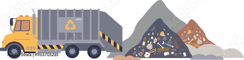 Garbage truck near piles of waste at a dumpsite, symbolizing waste management challenges.