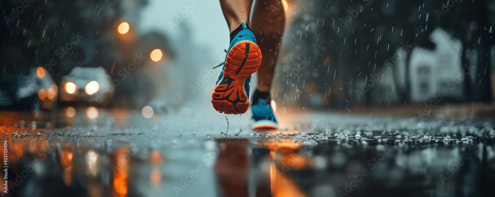 Fototapeta premium Runner training on wet autumn road with colorful leaves