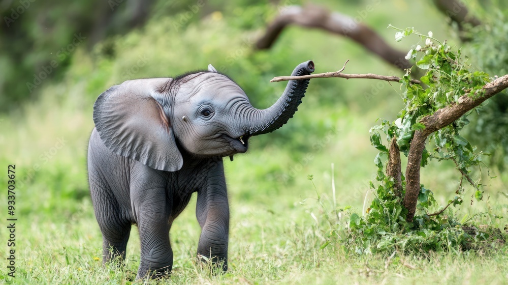 Obraz premium Adorable Baby Elephant Playing with a Branch in the African Savanna
