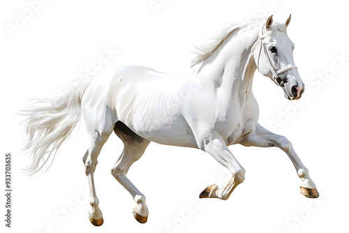 Beautiful white horse galloping isolated on white background