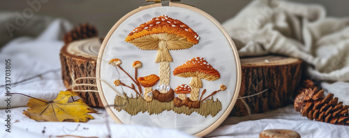 Handmade mushroom embroidery in hoop with natural decor hobby