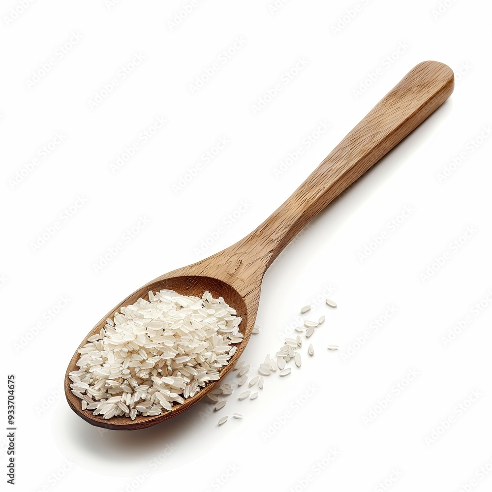 Wooden spoon with rice isolated on white background, centered Wooden spoon with rice isolated on white background, centered