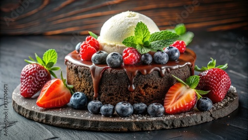 Rich, velvety chocolate cake oozes with decadent moisture, topped with a scoop of creamy vanilla ice cream and garnished with fresh berries. photo