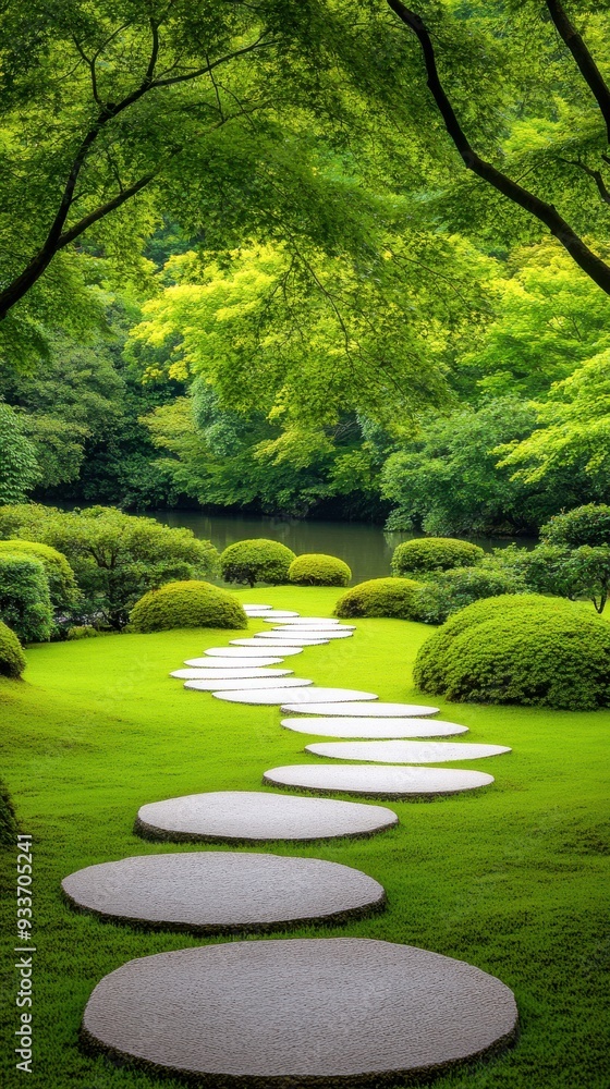Naklejka premium Tranquil Stone Path Through Lush Green Garden
