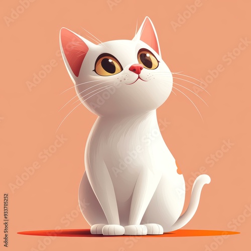 A stylized illustration of a cute white cat with large, expressive eyes sitting against a peach-colored background, Perfect for use in children's books, pet-related content or decor,