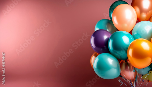 Fotografía de globos de variados colores...fondo de un solo color rosa. iluminacion de estudio