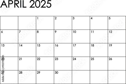 April 2025 month calendar. Simple black and white design