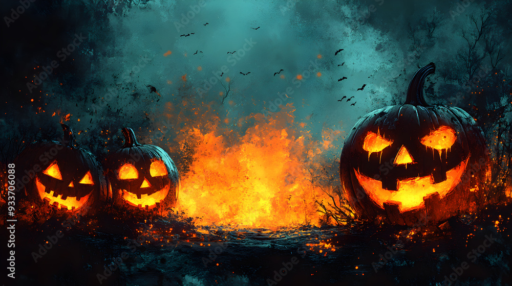 Fototapeta premium Halloween pumpkins at night with flames in grunge style giving a mysterious feeling.