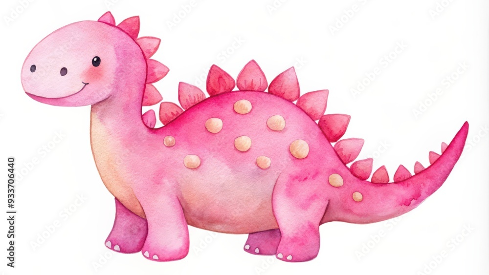Naklejka premium Watercolor of a cute pink dinosaur isolated on white background, watercolor, little, dinosaur, pink, isolated,cute, baby