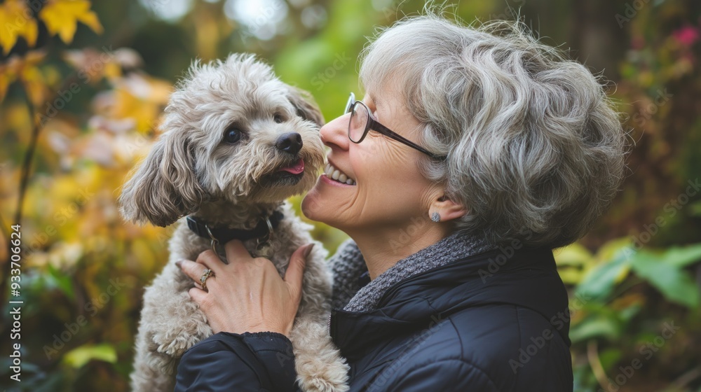 Happy elderly woman with her small dog outdoors. Senior companionship, pet care, active retirement, healthy aging, autumn walk, bond with pets, joyful lifestyle concept. Happy elderly woman with her small dog outdoors. Senior companionship, pet care, active retirement, healthy aging, autumn walk, bond with pets, joyful lifestyle concept.