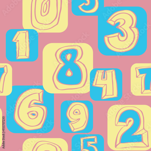 Hand drawn numbers seamless vector pattern for digital background, wallpaper and textile print. Cartoon style drawing. Education and finance theme, school lettering mathematic.