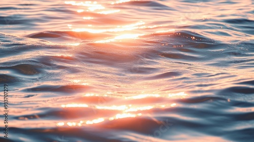 Sunset dramatic image of ocean river sea waves in the ocean. Soft focus of surface close up water river in warm tone. Reflection of sunset or sunrise ripples of water.