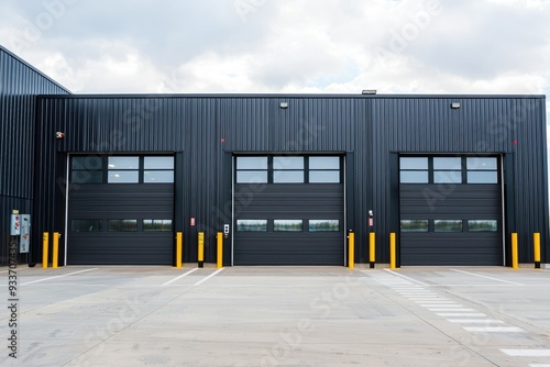 Modern black garage with three large doors and safety bollards on a cloudy day, ideal for industrial or commercial use.
