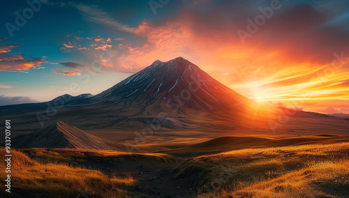 a dome mountain with a vibrant, orange sunrise illuminating its rounded peak