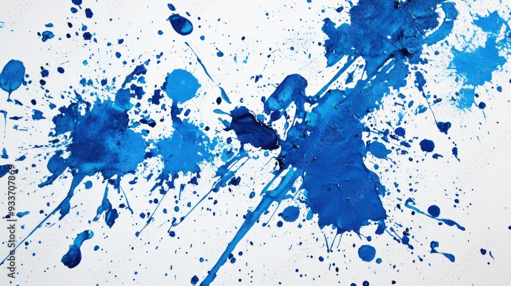 Naklejka premium Top view of vibrant blue paint splattered on a white canvas, with bold brushstrokes and splashes creating an abstract pattern.
