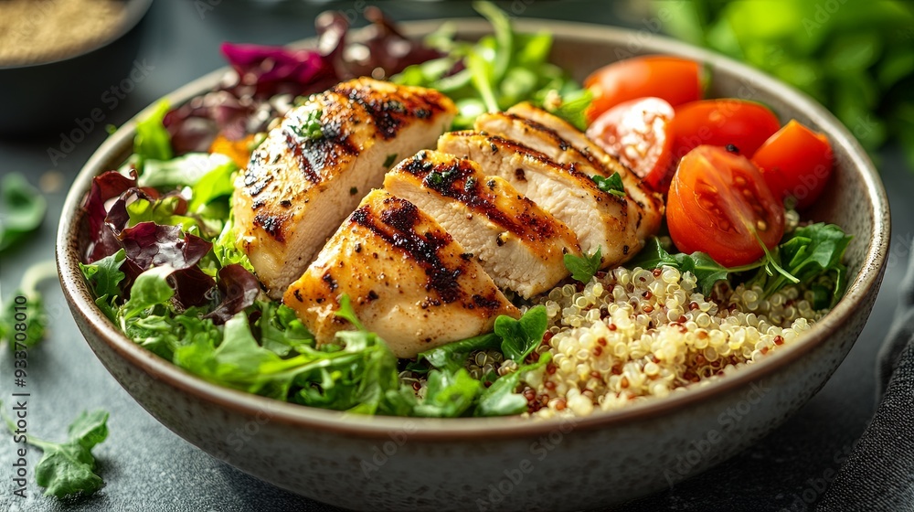 A health-conscious meal featuring quinoa, grilled chicken breast, and fresh salad greens, arranged beautifully in a bowl, with vibrant colors and textures enhanced by natural light, the background of A health-conscious meal featuring quinoa, grilled chicken breast, and fresh salad greens, arranged beautifully in a bowl, with vibrant colors and textures enhanced by natural light, the background of