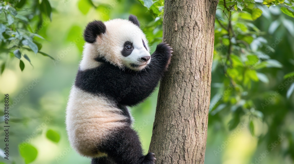 Obraz premium Adorable Panda Cub Climbing a Tree