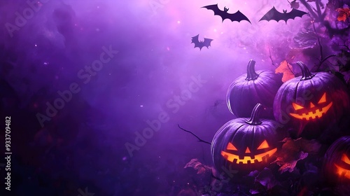 The orange light from the eyes of the purple Halloween pumpkin illuminates the dark shadows, giving a thick scary impression photo