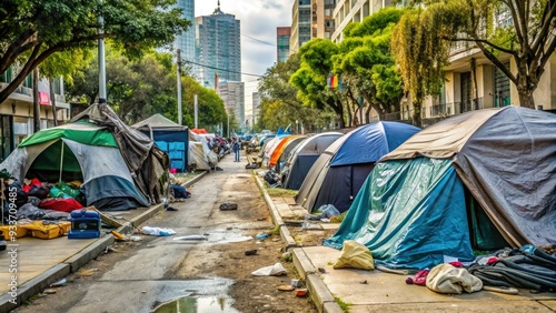 Wallpaper Mural Rundown tents and makeshift shelters line a neglected urban sidewalk, surrounded by litter and debris, conveying a sense of struggle and abandonment. Torontodigital.ca