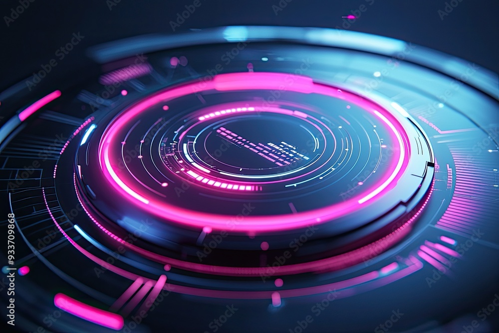 Fototapeta premium Futuristic digital interface featuring neon circles and glowing elements, perfect for technology and innovation themes.