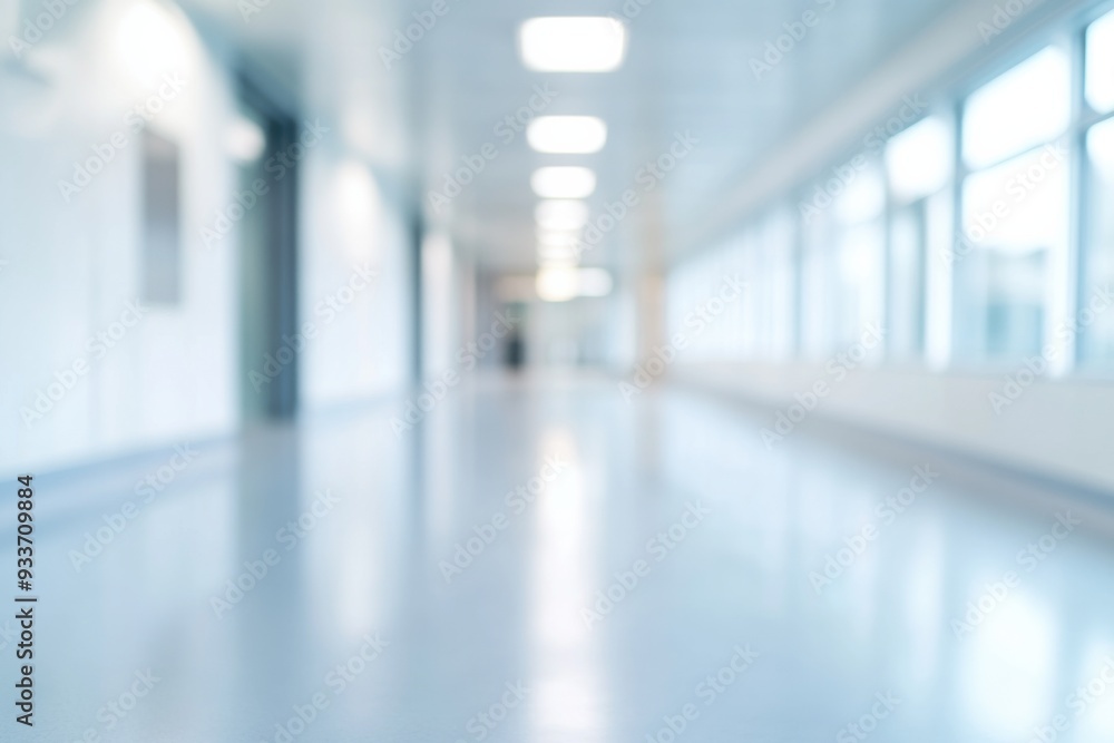 Fototapeta premium A bright, modern corridor with large windows and a clean, minimalistic design showcasing contemporary architecture.
