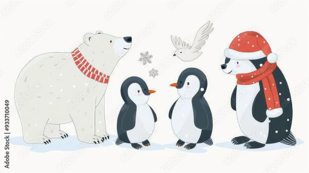 Polar bears and penguins, cute Christmas animals, playful design, isolated on white background Polar bears and penguins, cute Christmas animals, playful design, isolated on white background