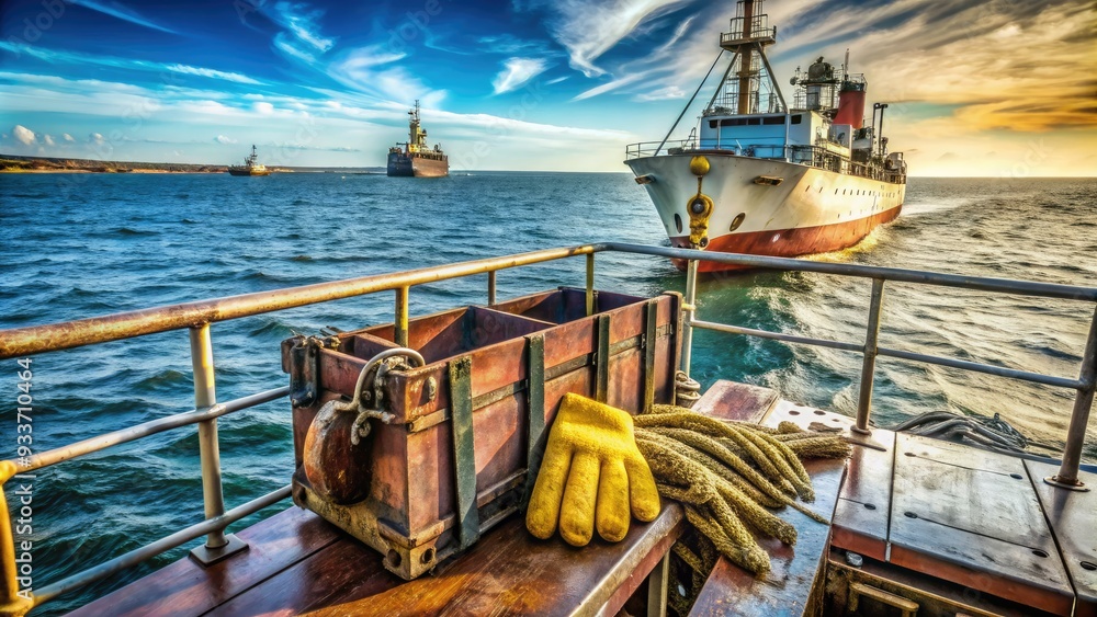 Rustic cargo vessel at sea, crane and containers on deck, sailor's gloves and toolbox lying on metal railing, industrial nautical work in progress. Rustic cargo vessel at sea, crane and containers on deck, sailor's gloves and toolbox lying on metal railing, industrial nautical work in progress.