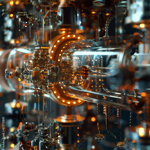 Futuristic quantum computing system with glowing circuits, complex connections, and data flows. Advanced technology visualization, representing quantum mechanics and high-performance computation.