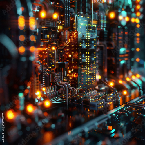 Futuristic quantum computing system with glowing circuits, complex connections, and data flows. Advanced technology visualization, representing quantum mechanics and high-performance computation.