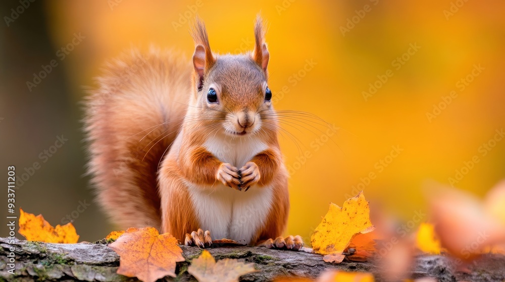 Adorable Red Squirrel Posing in Autumn Leaves Adorable Red Squirrel Posing in Autumn Leaves