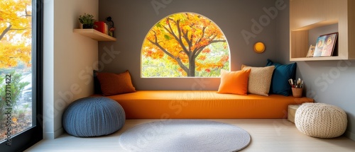 Wallpaper Mural Cozy Reading Nook With Arch Window And Fall Foliage Torontodigital.ca