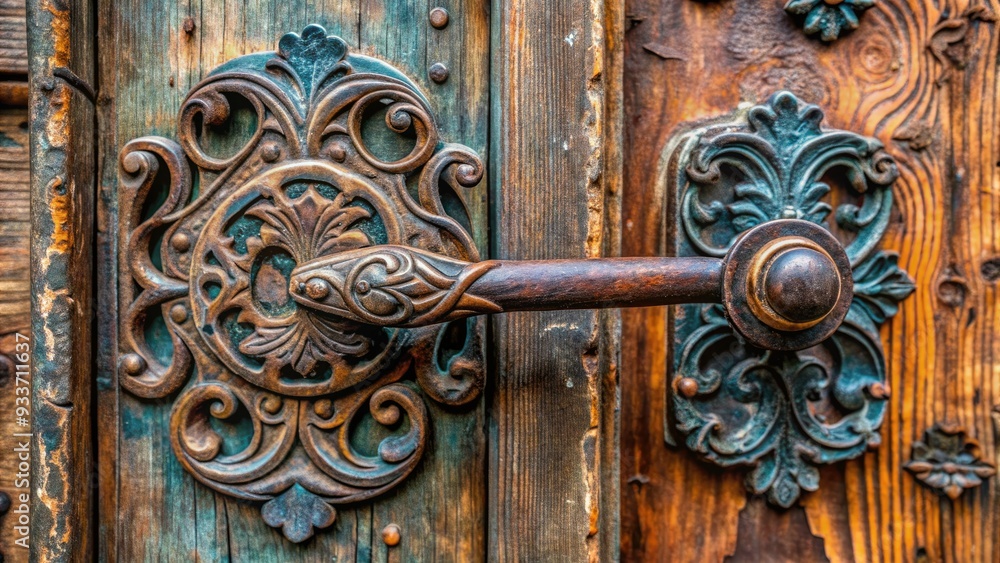 Rustic, weathered cast iron metal door handle featuring ornate scrollwork and floral patterns, evoking a sense of vintage elegance and industrial charm. Rustic, weathered cast iron metal door handle featuring ornate scrollwork and floral patterns, evoking a sense of vintage elegance and industrial charm.