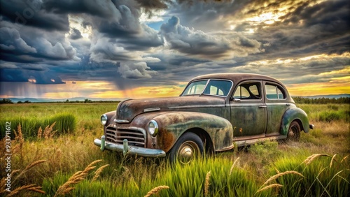 Rustic, vintage sedan with faded paint and worn tires, surrounded by overgrown weeds, sitting in a deserted, rural field under a cloudy sky.