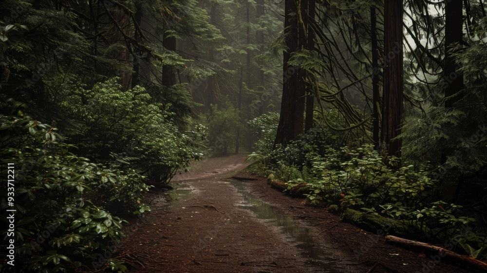 Obraz premium Forest path photo , Raining in forest , Serene forest scene , Peaceful forest photography