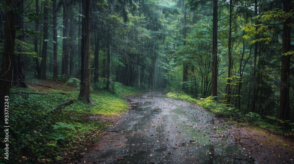 Obraz premium Forest path photo , Raining in forest , Serene forest scene , Peaceful forest photography