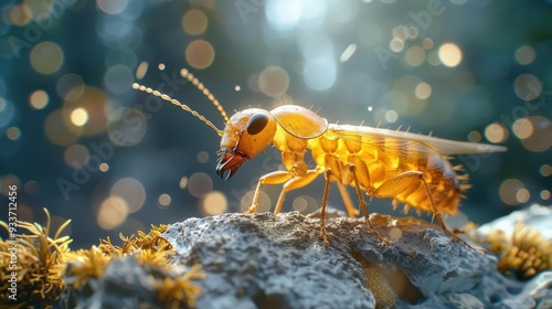 a close-up image of a stingless bee, characterized by its yellow color and distinctive hairy body. photo