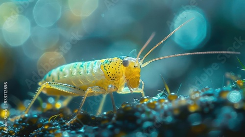 Intricate close-up image of a yellow crustacean with green markings, likely a marine creature, photo