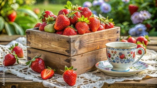 Rustic wooden crate overflowing with fresh strawberries, surrounded by antique floral patterned china and lace, evoking a charming, nostalgic summer afternoon ambiance.