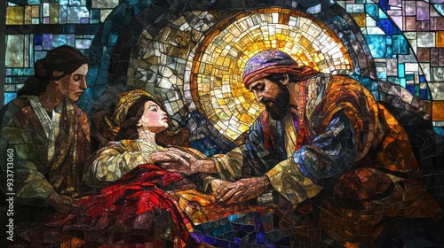 Realistic image of a Colorful mosaic glass with scene of Jesus healing the daughter of Jairus, the synagogue leader, a scene from the New Testament.