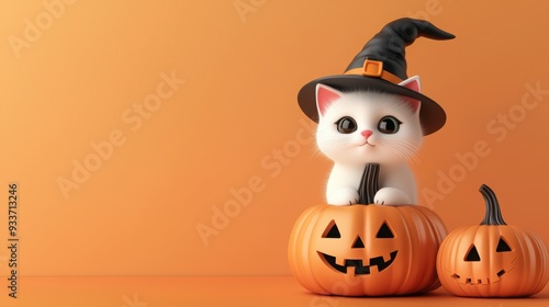 Adorable white cat with a witch hat sitting beside carved pumpkins on a bright orange background. Perfect for Halloween themes.