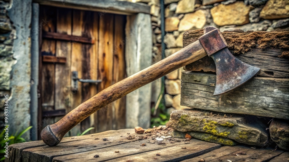 Rustic wooden handle axe with worn metal head and curved pick end ...