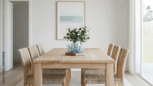 Coastal-inspired dining room with a light wood table, woven chairs, and ocean-inspired centerpiece, photorealistic, relaxed beach elegance photo